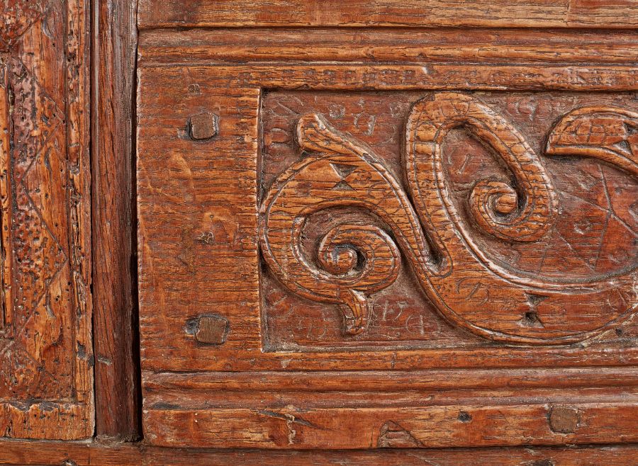 A rare Henry VIII oak joined and boarded livery cupboard, circa 1520-40 The top of two boards with - Image 4 of 4