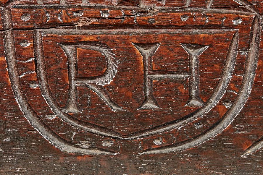 A Charles I boarded oak box, Gloucestershire, dated 1637 The hinged lid with simple slender edge- - Image 20 of 23