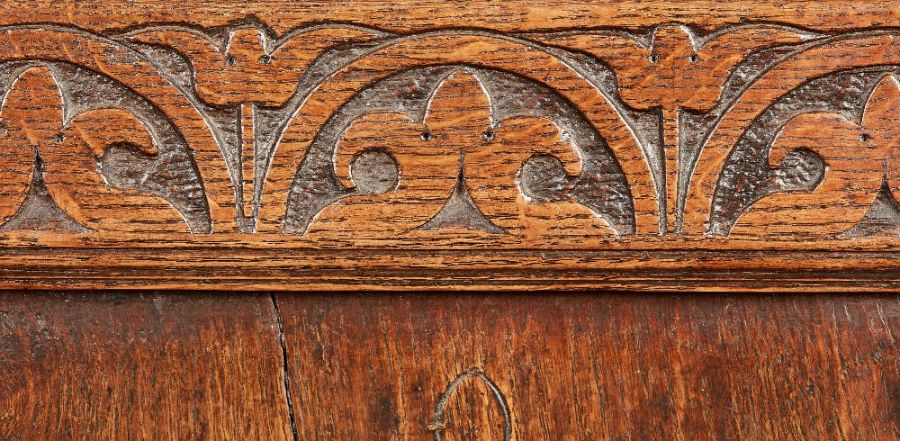 A rare Charles I joined oak closed-back side chair, Derbyshire, circa 1630, The back panel carved - Image 7 of 8