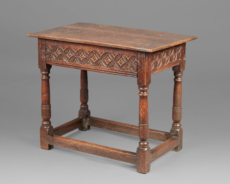 A small and rare Charles I oak side or centre table, Dorset, circa 1640 The boarded top with - Image 3 of 8