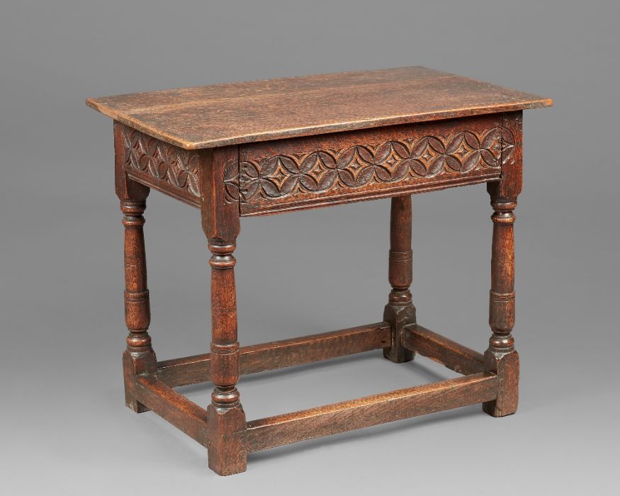 A small and rare Charles I oak side or centre table, Dorset, circa 1640 The boarded top with - Image 5 of 8