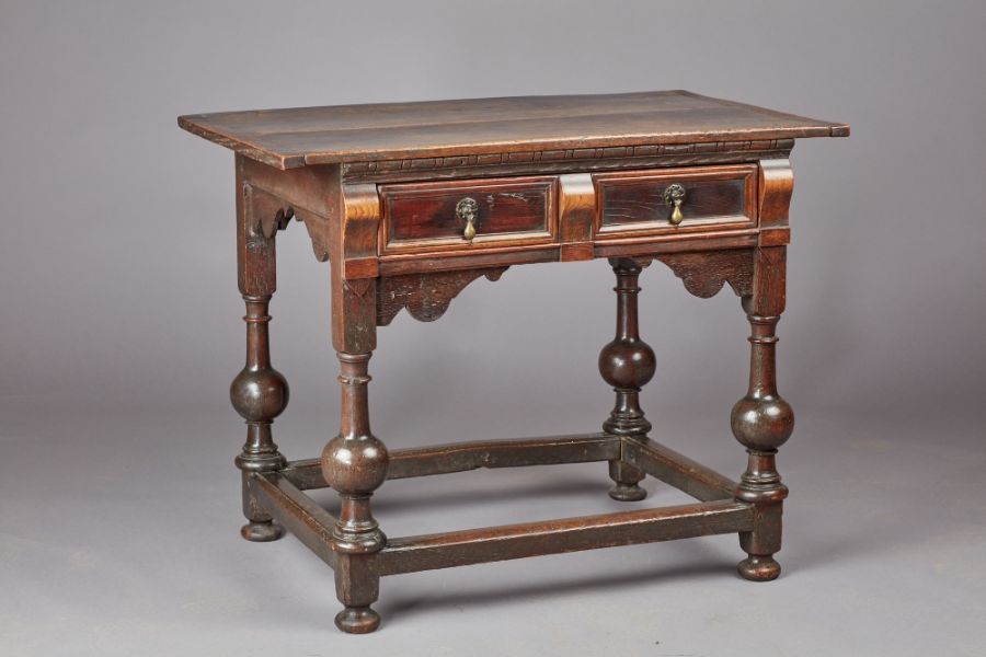 An unusual Charles II oak, elm and snakewood side table, East Anglia, circa 1660 Having a twin- - Image 2 of 8