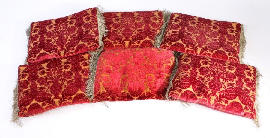 Six Renaissance style cushions Each with a crimson cisleé velvet on a 'gold' metallic ground, - Image 4 of 4