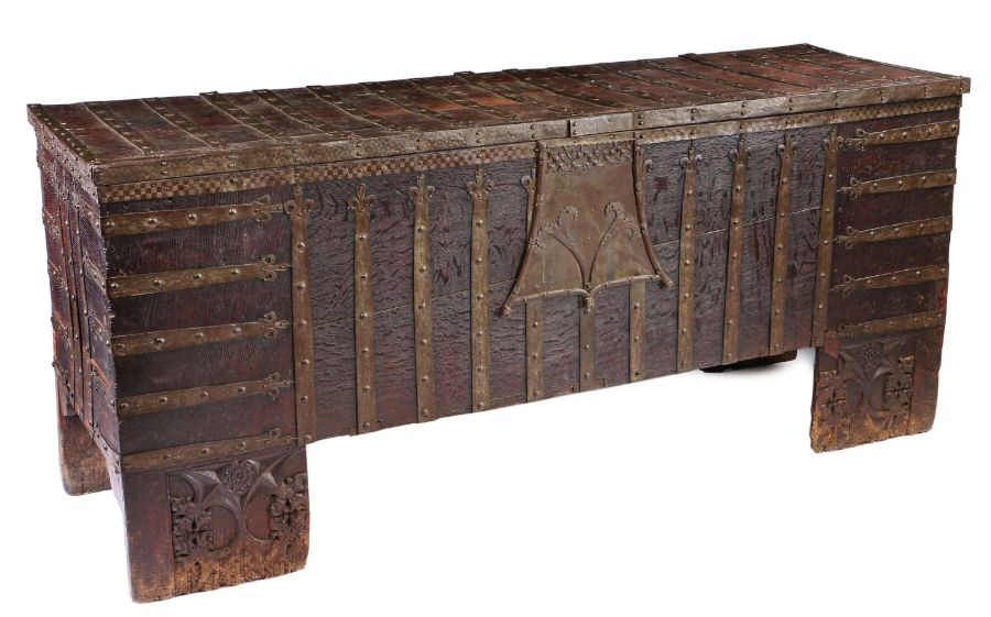 An impressive, large, rare oak and iron-bound chest or Stollentruhe, Westphalian, circa 1480-1520 Of