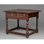 A large Charles II joined oak side table, Derbyshire, circa 1660 The top off three thick boards,