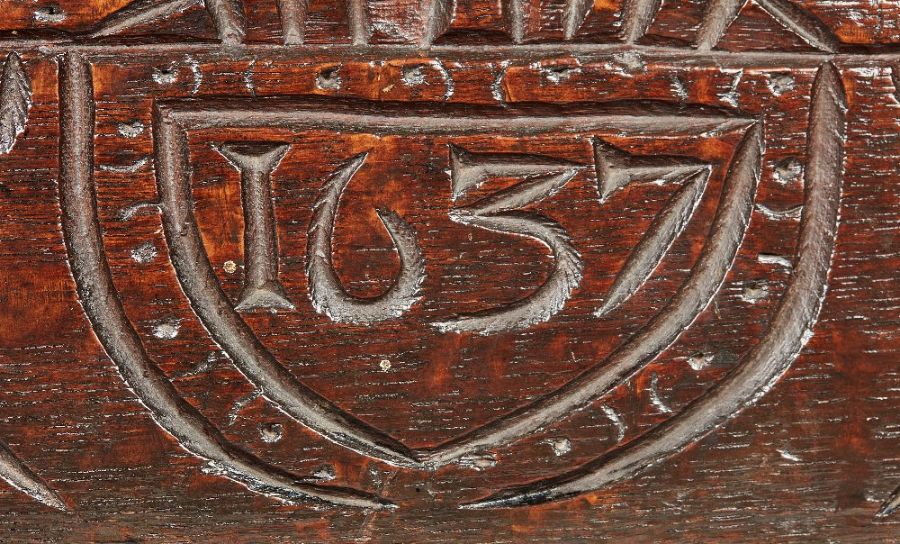 A Charles I boarded oak box, Gloucestershire, dated 1637 The hinged lid with simple slender edge- - Image 19 of 23