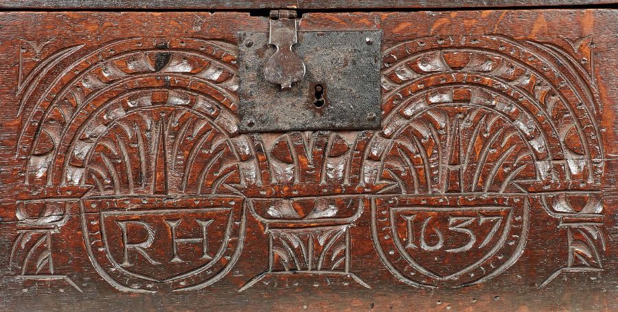 A Charles I boarded oak box, Gloucestershire, dated 1637 The hinged lid with simple slender edge- - Image 12 of 23