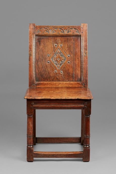 A rare Charles I joined oak closed-back side chair, Derbyshire, circa 1630, The back panel carved - Image 5 of 8