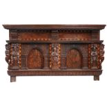 An impressive Elizabeth I oak, fruitwood, inlaid and penwork headboard or overmantel, circa 1570