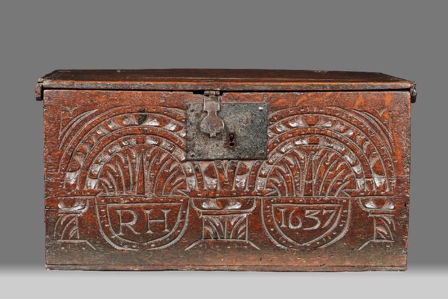 A Charles I boarded oak box, Gloucestershire, dated 1637 The hinged lid with simple slender edge- - Image 11 of 23