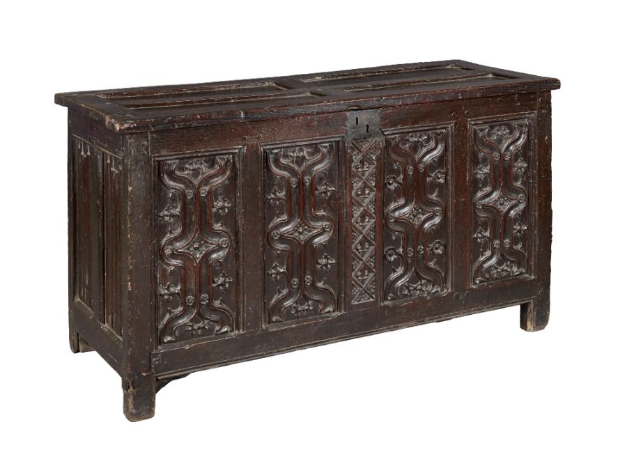 A fine and extremely rare Henry VIII oak parchemin-carved coffer, circa 1530 The hinged lid with - Image 2 of 7