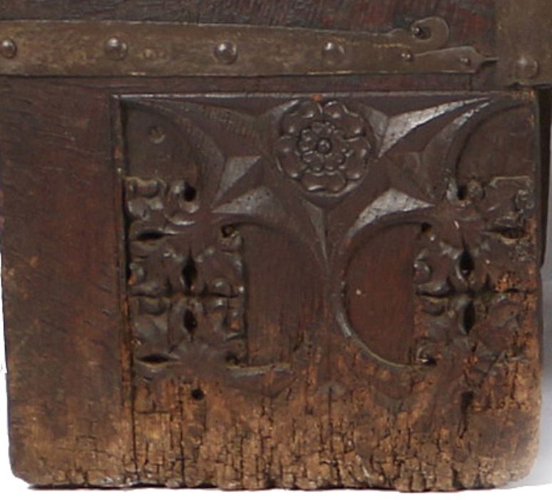 An impressive, large, rare oak and iron-bound chest or Stollentruhe, Westphalian, circa 1480-1520 Of - Image 5 of 9