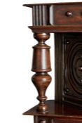 A rare, small and narrow Charles I oak, elm and fruitwood canted cupboard, in the Laudian Manner,