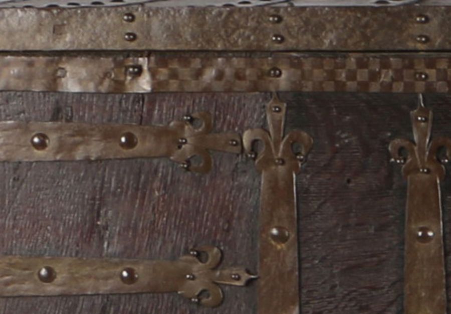 An impressive, large, rare oak and iron-bound chest or Stollentruhe, Westphalian, circa 1480-1520 Of - Image 4 of 9