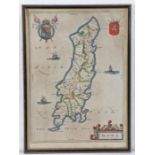 Isle of Man (Mona), hand coloured map, housed in a ebonised, gilt and glazed frame, the map 28.5cm