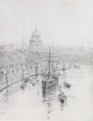 Rowland Langmaid, RN (British, 1897-1956) Thames with St Paul's signed in pencil (lower right),