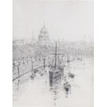 Rowland Langmaid, RN (British, 1897-1956) Thames with St Paul's signed in pencil (lower right),