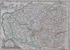 19th Century map, "La Flandre Le Haynaut a Paris", with coloured boundary lines, housed in a