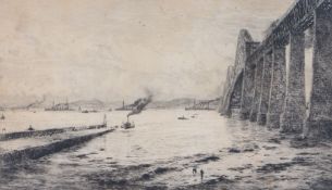 William Lionel Wyllie, RA, RE, (British, 1851-1931) 'The Forth Bridge' signed in pencil (lower
