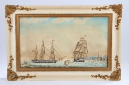 Early 19th Century shipping scene, depicting two British Naval vessels off a coastline with