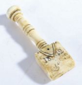 19th Century walrus tusk seam rubber, initialled WS and dated 1842, with mother of pearl and