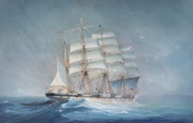 Michael Barton (British, 20th Century) Four Masted Vessel off a Coast signed (lower right),