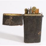 Early 19th Century leather etui, the hinged lid opening to reveal a fitted interior containing