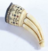19th Century whales tooth snuff mull, the baleen hinged lid with rectangular cartouche initialled