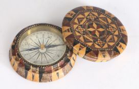 19th century Tunbridge ware compass, circa 1860, the underside lid bearing label 'T. Barton, late