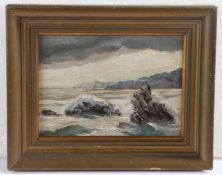 Lucien Potronat (French, 1889-1974) Rocky Coastal View signed (lower left),oil on board 15 x 21cm (