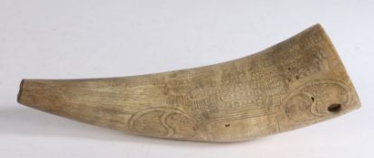 19th Century horn engraved with a cityscape and a country house, 25cm wide
