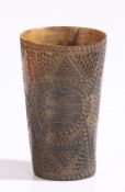 19th Century horn beaker, circa 1830, the chip carved cylindrical tapering body inscribed "SHIP