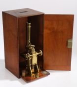 19th Century brass microscope by Baker, High Holborn, London, with polished brass body and