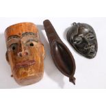 20th Century Benin bronze mask, 15cm wide, 22.5cm high, Indian chip carved mask, 18cm wide, 27cm