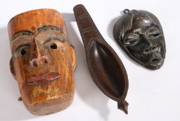 20th Century Benin bronze mask, 15cm wide, 22.5cm high, Indian chip carved mask, 18cm wide, 27cm