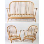 Blonde Ercol Three Piece Suite. Armchairs: 77cm x 71cm x 74 / Settee: 135cm x 78cm x 75cm, with