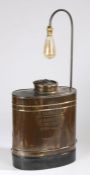 French sprayer lamp, stamped 'Le Sans Rival', with brass body and lidded top, 81cm tall including