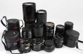 Collection of camera lenses, to include Tokina 400mm, Miranda 70-210mm, Konica Hexanon 135mm, Carl