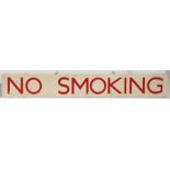 20th century wooden painted "NO SMOKING" sign, the white background with red letters, 107cm by 15cm