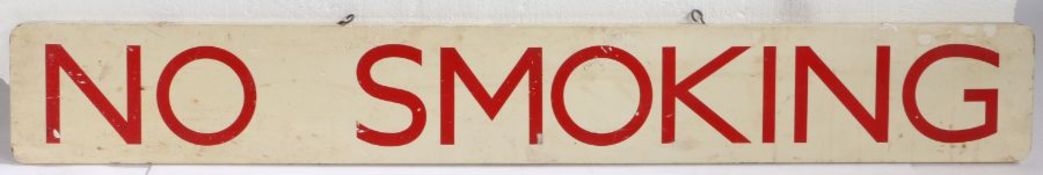 20th century wooden painted "NO SMOKING" sign, the white background with red letters, 107cm by 15cm