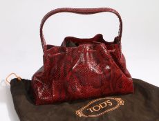 A red and mottled snakeskin handbag by Tod's, double stamped, hoop handle, internal zip pocket, with