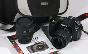 Pentax K10D digital SLR camera, with instruction manual, additional 18-55mm lens and Pentax camera