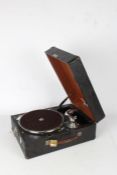 HMV table top Gramophone, black case with brown interior. 40cm x 30cm x 18cm.