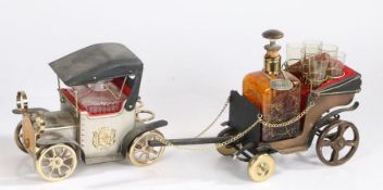 Two novelty decanter sets, one in the form of a car, the other a musical carriage (2)