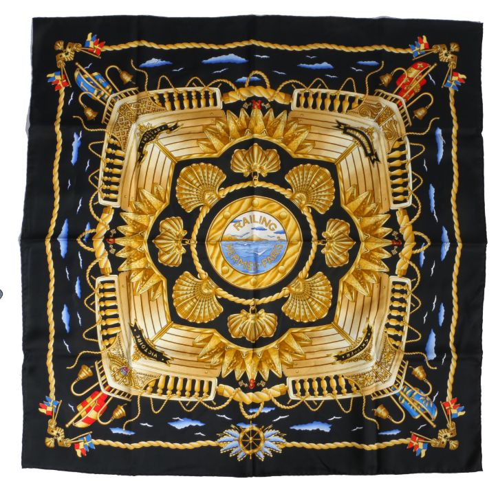A Hermes silk scarf, 'Railing' pattern designed  by J. Metz, 1998, 90cm x 90cm