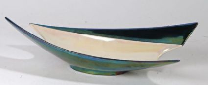 20th Century French porcelain lustre dish, the cream central band flanked by green borders and