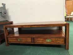 A mid-century hardwood rectangular coffee table with two draws, together with another square example