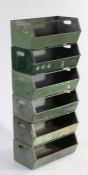 Set of six green galvanised industrial stacking bins, 123cm tall, 50cm wide