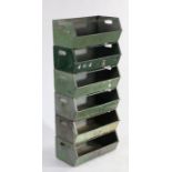 Set of six green galvanised industrial stacking bins, 123cm tall, 50cm wide