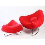 A red upholstered coconut chair with matching footstool and cushion. Chair: 80cm tall, footstool: